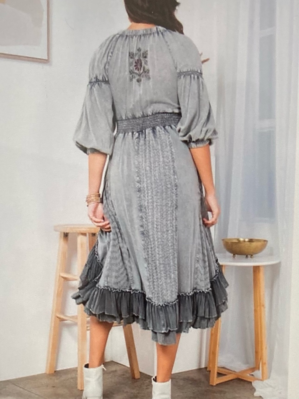Young Threads Boho Gray Ruffled Midi Dress - Picture 3 of 12